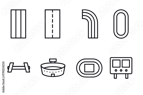 Minimalist line icons of roads, stadiums, and tracks for modern design projects