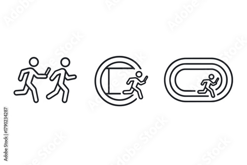 Minimalist line art icons of runners and track for sports design elements