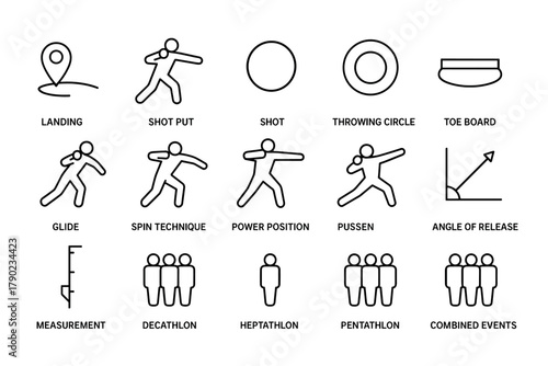 Track and field icons: shot put techniques and event symbols in linear style
