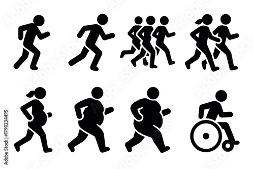 Diverse human movement set: inclusive silhouette figures walking, running, and in wheelchair