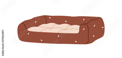 Pet bed. Indoor furniture, cushion, padded place for cat and dog sleep, rest, relax. Comfortable mat, plush pillow for animal, soft accessory. Flat vector illustration isolated on white background.