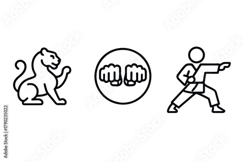Minimalist martial arts design with panther, fists, and karate pose