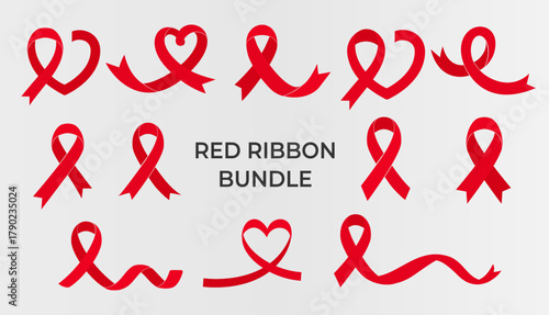 Red Ribbon Vector Set for World AIDS Day, Editable Awareness Symbol Illustration for HIV Prevention, Health Care, and Charity Campaign Design