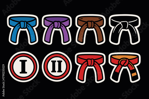 Martial arts belt progression in colorful cartoon style on black background
