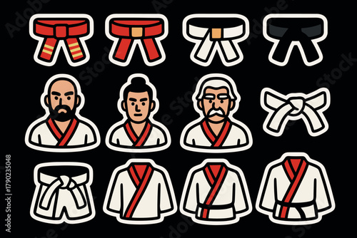 Colorful martial arts icons featuring belts and practitioners in traditional attire