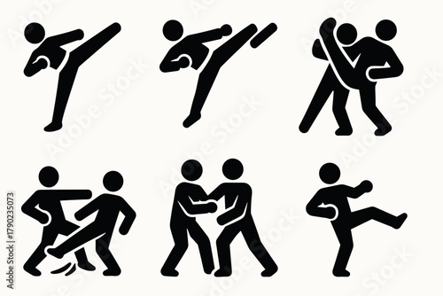Silhouette martial arts icons: dynamic poses and movements