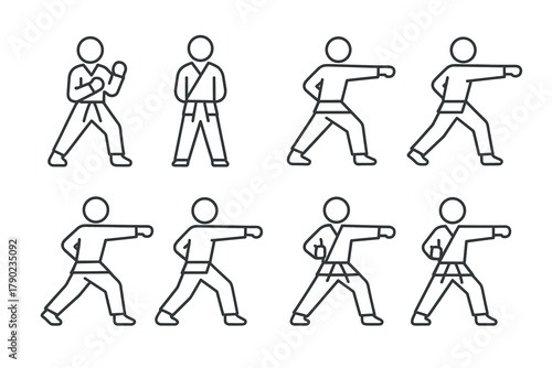 Simple line art martial arts poses: karate techniques in outline design