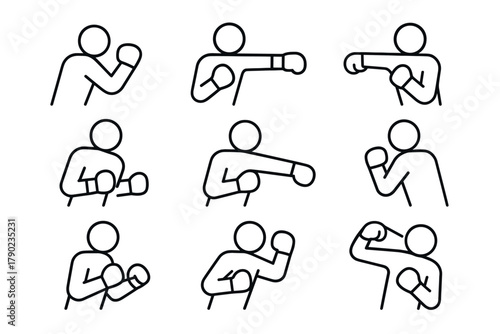 Linear boxing poses collection: nine dynamic stick figure stances in simple outline style