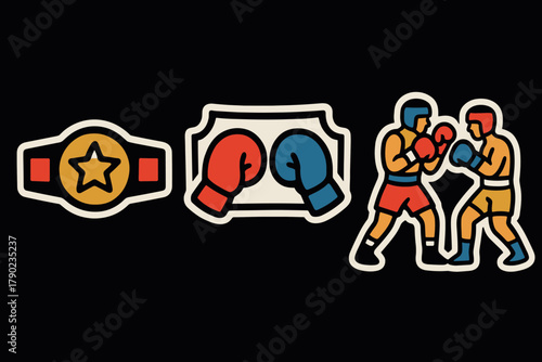 Boxing championship icons featuring gloves, fighters, and belt in bold outline style