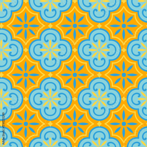 Seamless vintage, Mediterranean, Caribbean pattern wall, kitchen, bathroom, blue, yellow, orange, floor tile.