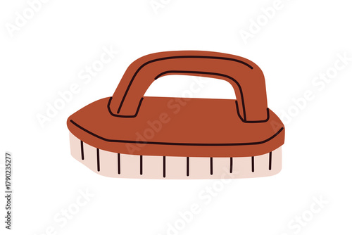 Brush tool. Housekeeping cleaning and washing accessory. Household housework bristle with handle for floor scrubbing. Flat vector illustration isolated on white background.