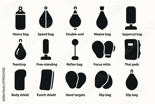 Various punching bags and pads silhouettes: essential equipment for boxing training