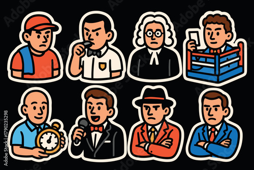 Vintage cartoon characters: diverse professions and personalities in bold colors