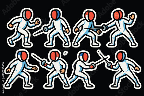 Dynamic fencing stickers showcasing duel in cartoon style set on black background