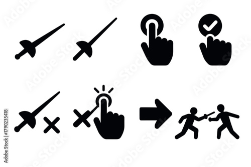 Fencing and user interface icons in minimal black silhouette design