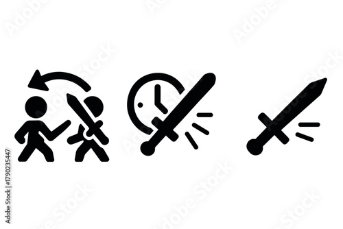 Action-packed sword fight icons: combat, action, and timer symbols in bold silhouette