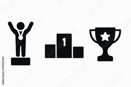 Achievement icons: silhouette medals, podium, and trophy for champions