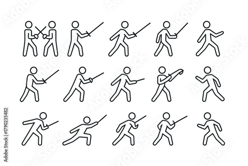 Linear stick figure fencing sequence: swordplay movement and combat poses