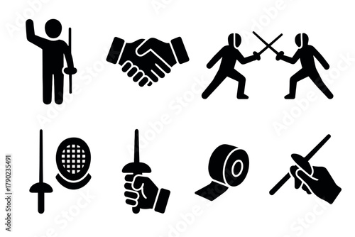 Fencing silhouette icons: sport, competition, helmet, and gear designs