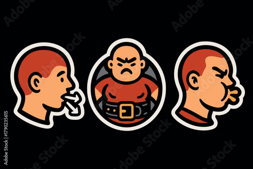 Expressive cartoon characters showcasing sighing, anger, and whistling emotions