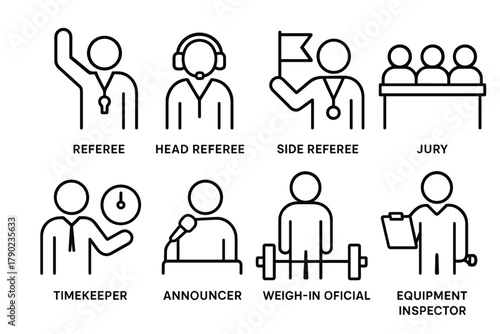 Linear icons of sports officials and roles for event management