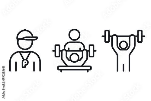 Linear icons of fitness training: coach, bench press, weightlifting in minimalist design
