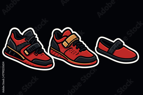 Stylish red and black sneakers with velcro straps on black background