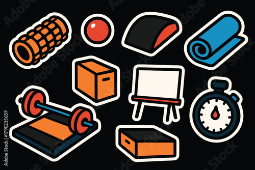 Fitness equipment stickers: gym tools in modern cartoon style