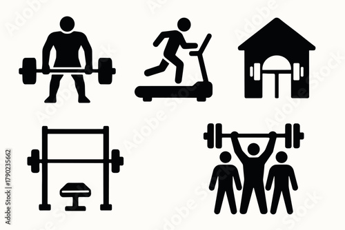 Fitness icons set: gym, cardio, strength, treadmill