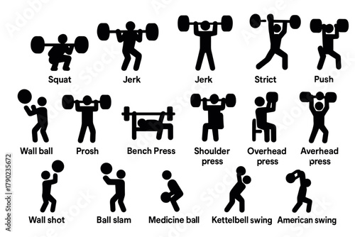 Silhouette icons of weightlifting and crossfit exercises