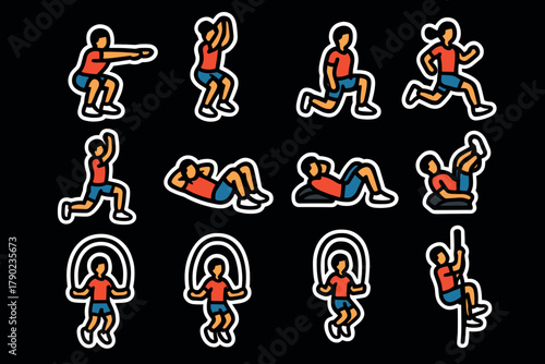 Dynamic fitness exercise icons on black background