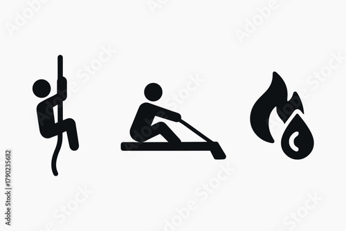 Minimalist silhouette icons of climbing, rowing, and fire symbol