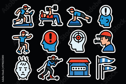 Colorful fitness and sports theme icons on black background with emphasis on alerts and emotions