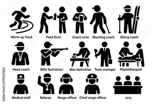 Sports coaching icons: vector set of coaches, technicians, and staff in silhouette style
