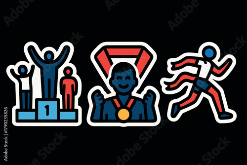 Champion celebration icons: victory podium, medal winner, and marathon runner