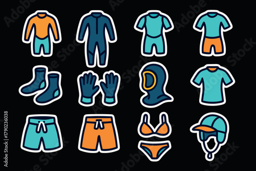 Surf and dive gear collection: wetsuits, rash guards, swimwear, accessories in bold line art