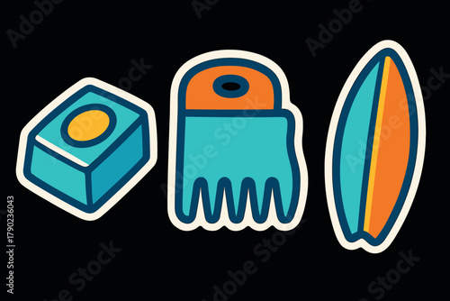 Retro pop art objects with bold colors on black background