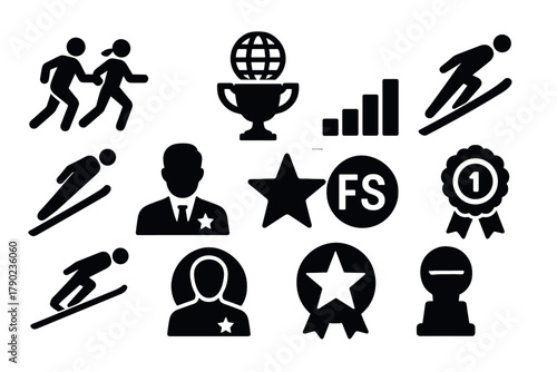 Athlete and trophy icons collection: sports, awards, and global recognition symbols