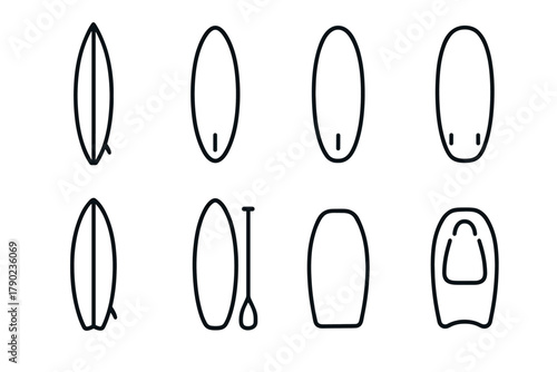 Minimalist surfboard icon set featuring paddleboard and boogie board designs