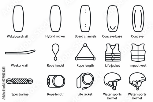 Water sports gear icon set: wakeboard, life jacket, helmet, rope