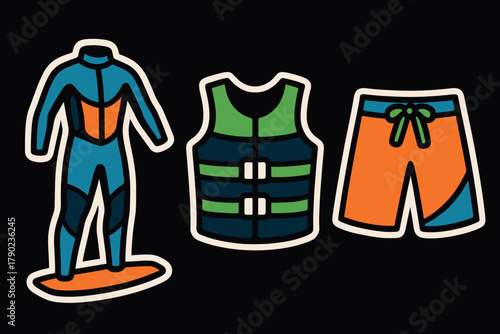 Surf gear icons: wetsuit, life vest, and shorts in bold cartoon style on black