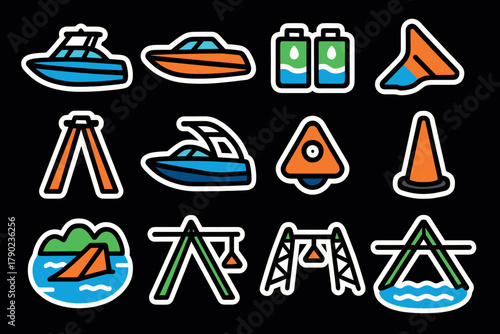Colorful nautical and playground icon set on black background