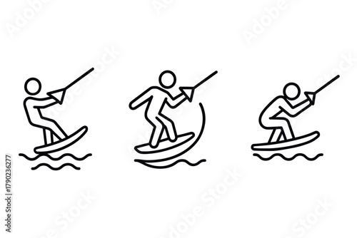 Minimalist line icons of surfing actions featuring modern water sports