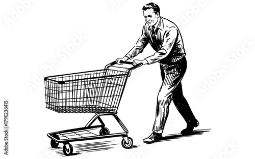 a man pushing a shopping cart, representing consumerism, retail shopping, and supermarket activity concept.