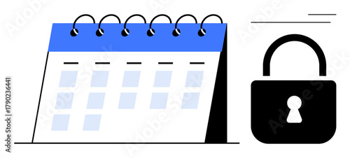 Spiral-bound calendar next to a lock, symbolizing privacy, data security, appointment control, and confidentiality. Ideal for scheduling, time management, cyber safety, planning data protection