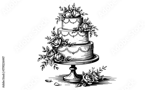 a three-tiered cake decorated with roses on a pedestal, symbolizing celebration, wedding, and elegance.