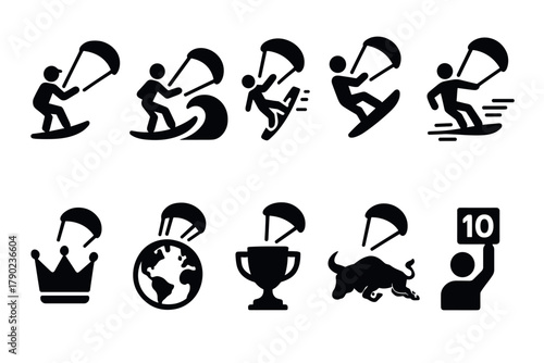 Paragliding and windsurfing icons: bold silhouette adventure symbols