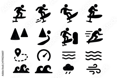 Stylized surfing and weather icons in black silhouette style