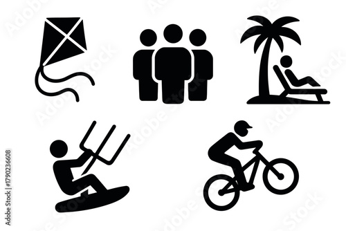 Silhouette icons of summer activities: beach relaxation, cycling, kite flying, and water sports