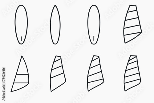 Simple surfboards and sail designs in minimalist outline style